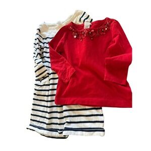 Crewcuts girls 6-7 blue/white striped dress red knit top flower bling detail